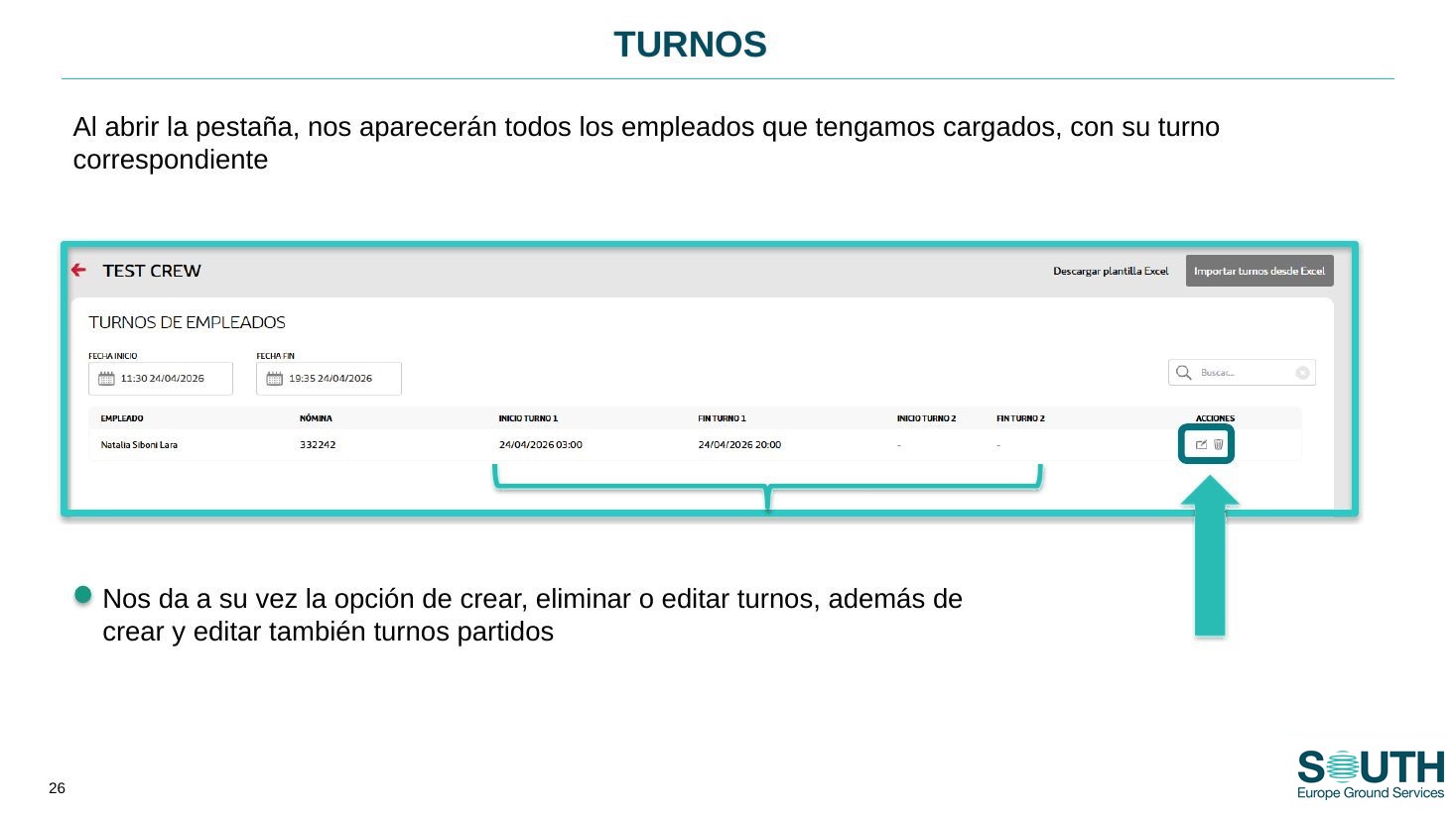 Lista de empleados y opciones de turno