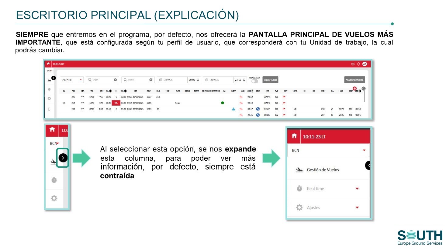 Escritorio principal y menú lateral contraído y expandido