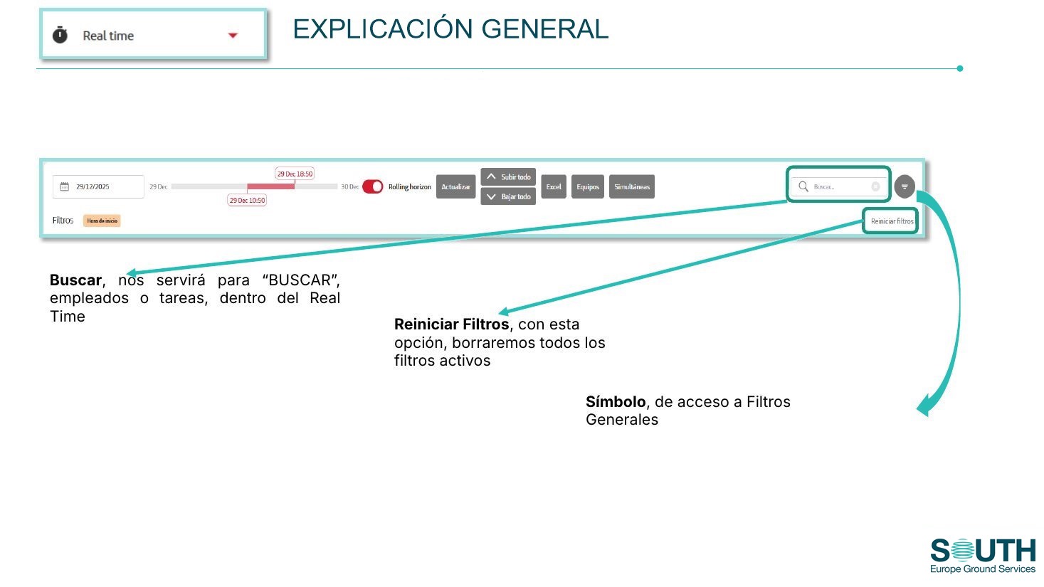 Buscar, filtros y reiniciar filtros