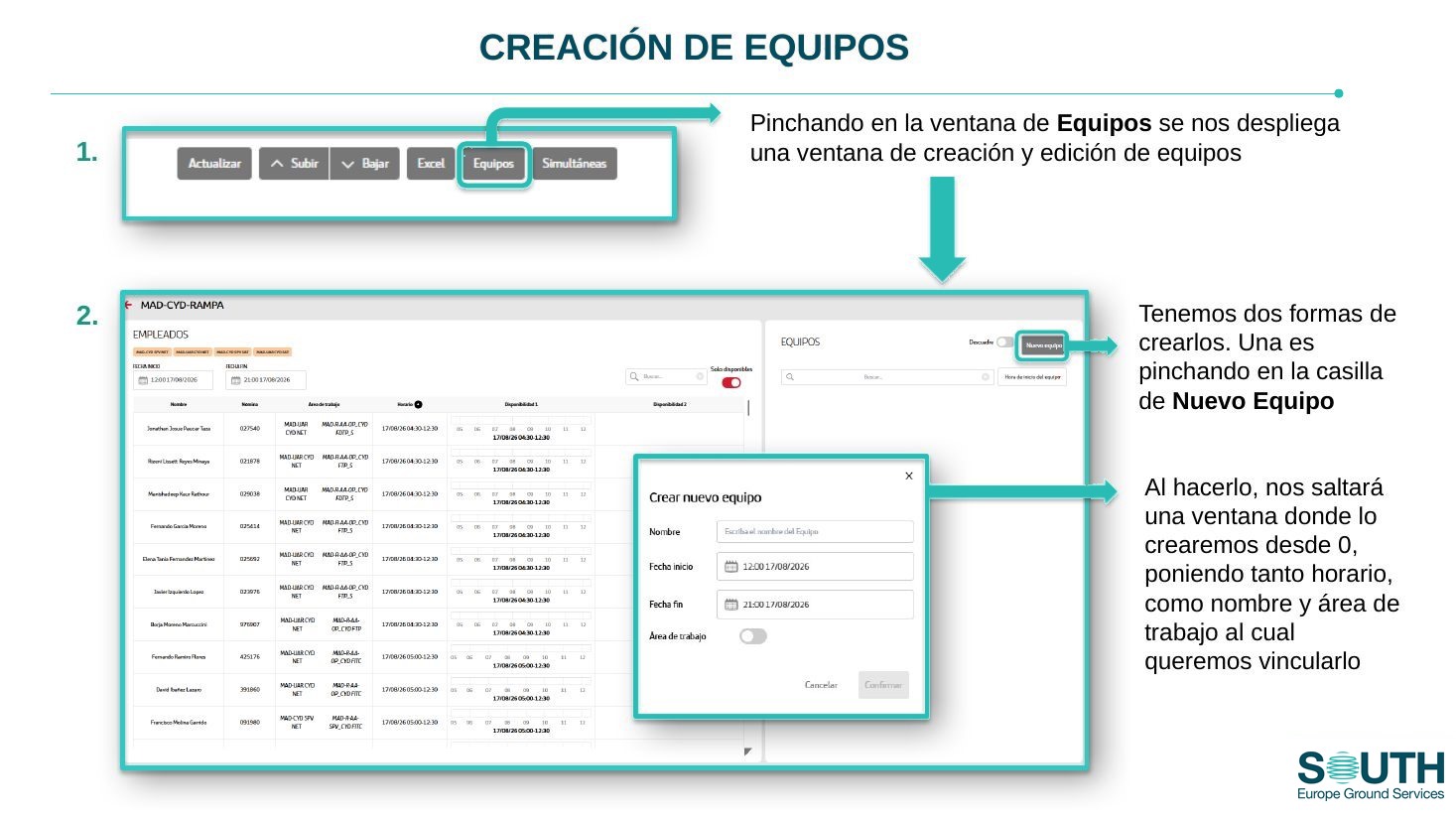 Ventana de equipos y Nuevo equipo