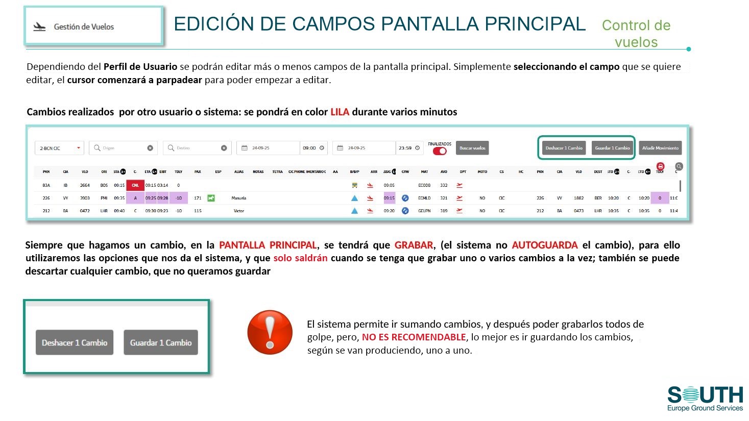 Edición de campos en la pantalla principal