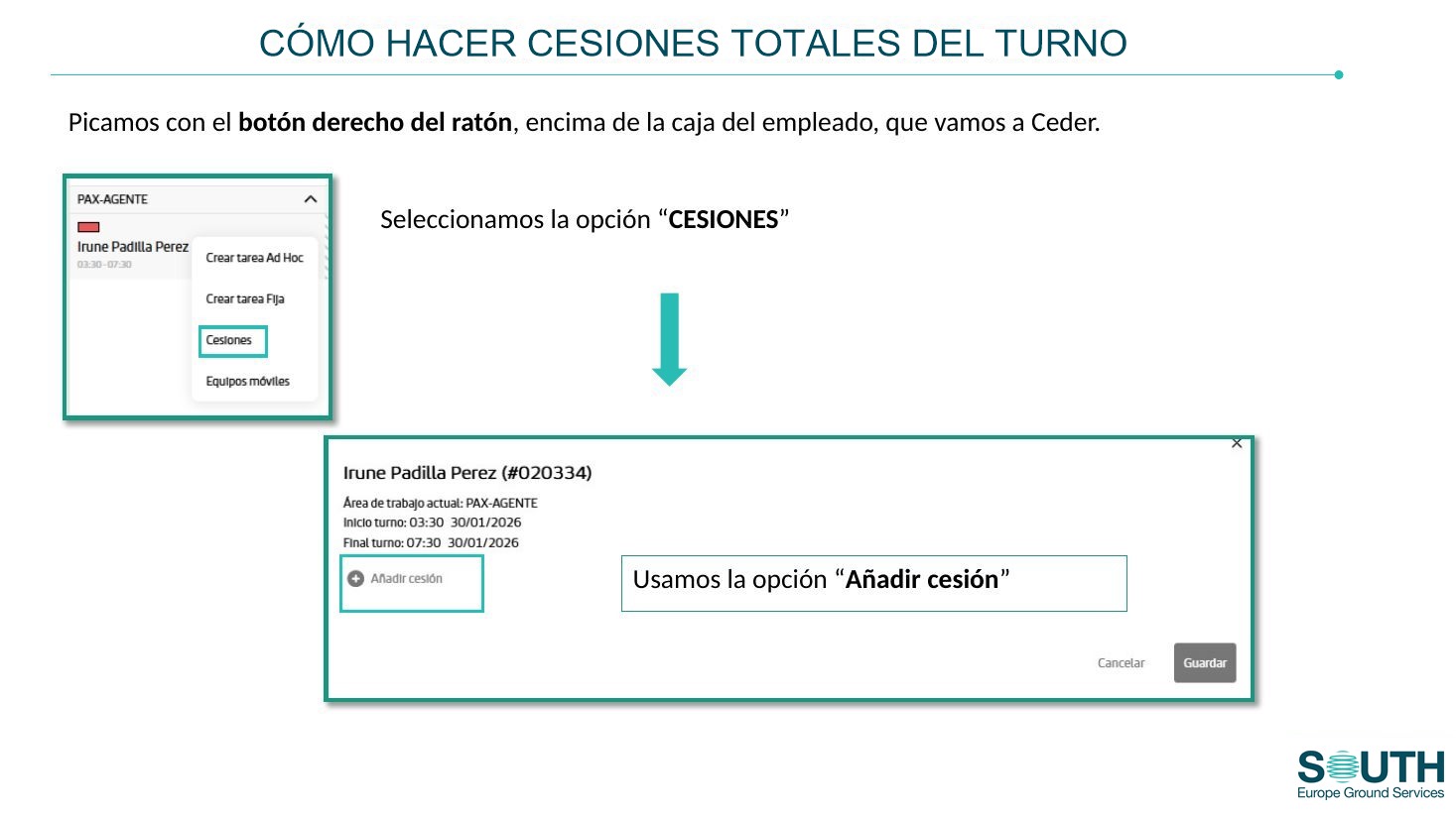 Menú Cesiones y Añadir cesión