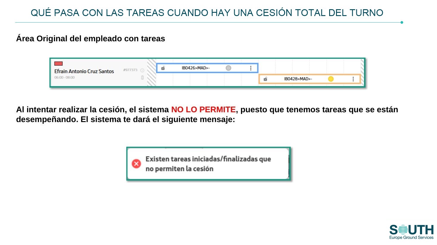 Cesión no permitida con tareas iniciadas o finalizadas
