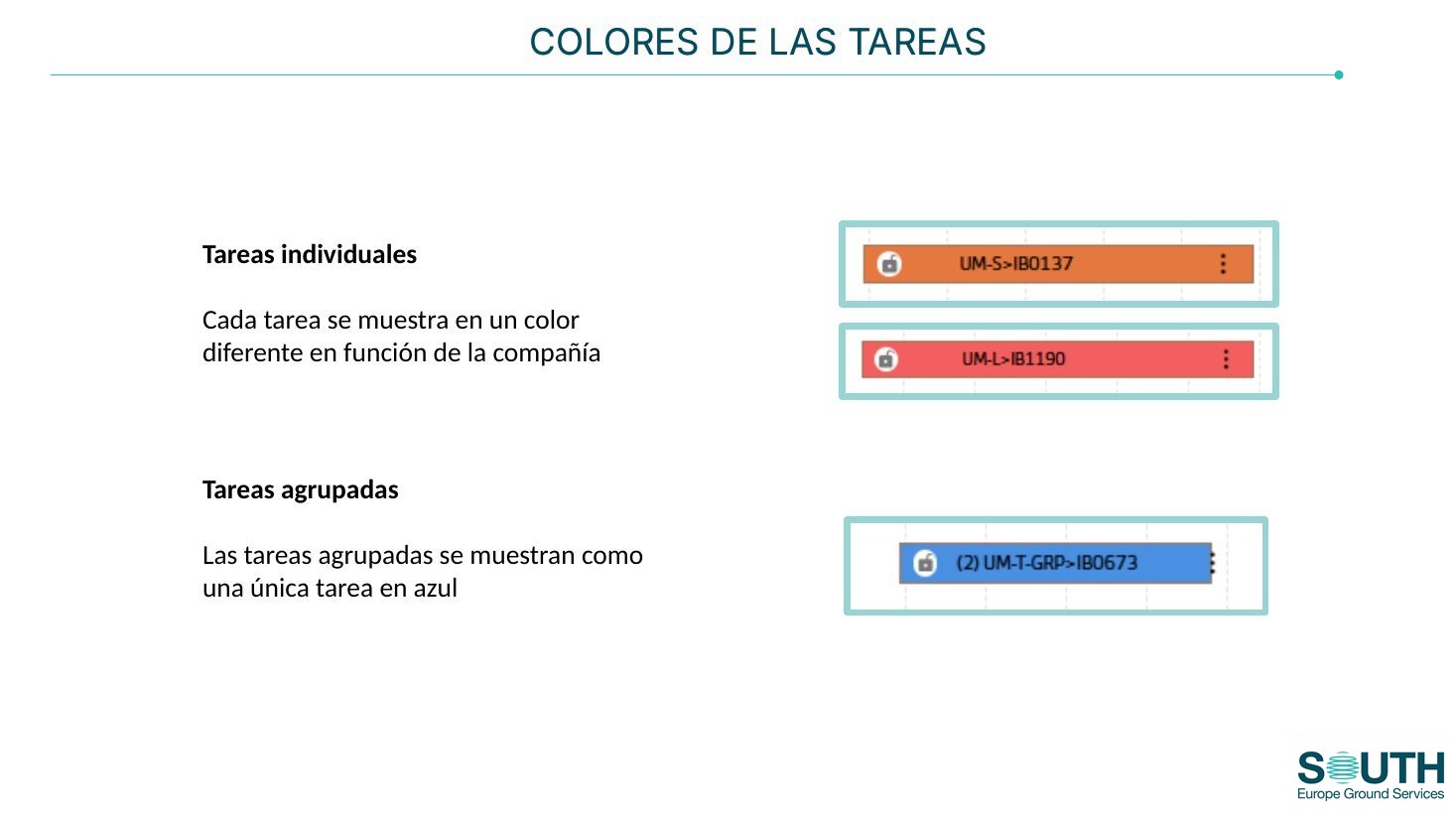 Colores de las tareas de UMs